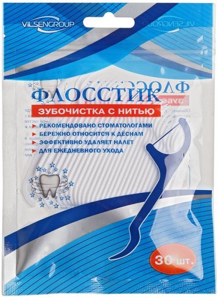 Изображение товара Зубочистка с зубной нитью Вилсен (пакет) 30шт Зубочистка с зубной нитью Вилсен (пакет) 30шт фотография